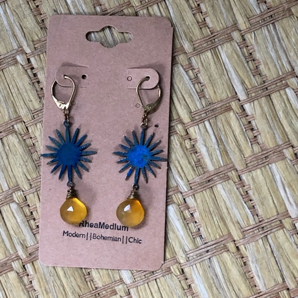Jewelry - Handmade Yellow Chalcedony and Blue Painted Gold Star Earrings